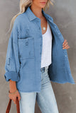 Sky Blue Womens Overdsizd Distressed Fringe Trim Denim Jacket LC854103-4