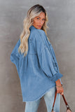 Sky Blue Womens Overdsizd Distressed Fringe Trim Denim Jacket LC854103-4