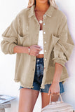 Khaki Womens Overdsizd Distressed Fringe Trim Denim Jacket LC854103-16