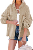 Khaki Womens Overdsizd Distressed Fringe Trim Denim Jacket LC854103-16