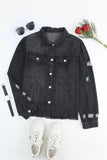 LC8511504-2-S, LC8511504-2-M, LC8511504-2-L, LC8511504-2-XL, LC8511504-2-2XL, Black Women's Jean Jacket Long Sleeve Lapel Distressed Raw Hem Buttons Denim Coat