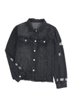 LC8511504-2-S, LC8511504-2-M, LC8511504-2-L, LC8511504-2-XL, LC8511504-2-2XL, Black Women's Jean Jacket Long Sleeve Lapel Distressed Raw Hem Buttons Denim Coat