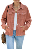 LC8511504-3-S, LC8511504-3-M, LC8511504-3-L, LC8511504-3-XL, LC8511504-3-2XL, Red Women's Jean Jacket Long Sleeve Lapel Distressed Raw Hem Buttons Denim Coat