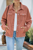 LC8511504-3-S, LC8511504-3-M, LC8511504-3-L, LC8511504-3-XL, LC8511504-3-2XL, Red Women's Jean Jacket Long Sleeve Lapel Distressed Raw Hem Buttons Denim Coat