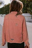 LC8511504-3-S, LC8511504-3-M, LC8511504-3-L, LC8511504-3-XL, LC8511504-3-2XL, Red Women's Jean Jacket Long Sleeve Lapel Distressed Raw Hem Buttons Denim Coat