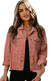 LC8511504-3-S, LC8511504-3-M, LC8511504-3-L, LC8511504-3-XL, LC8511504-3-2XL, Red Women's Jean Jacket Long Sleeve Lapel Distressed Raw Hem Buttons Denim Coat