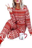 Red Womens Pajama Set Christmas Tree Reindeer Pullover and Pants Lounge Set Sleepwear LC15292-3