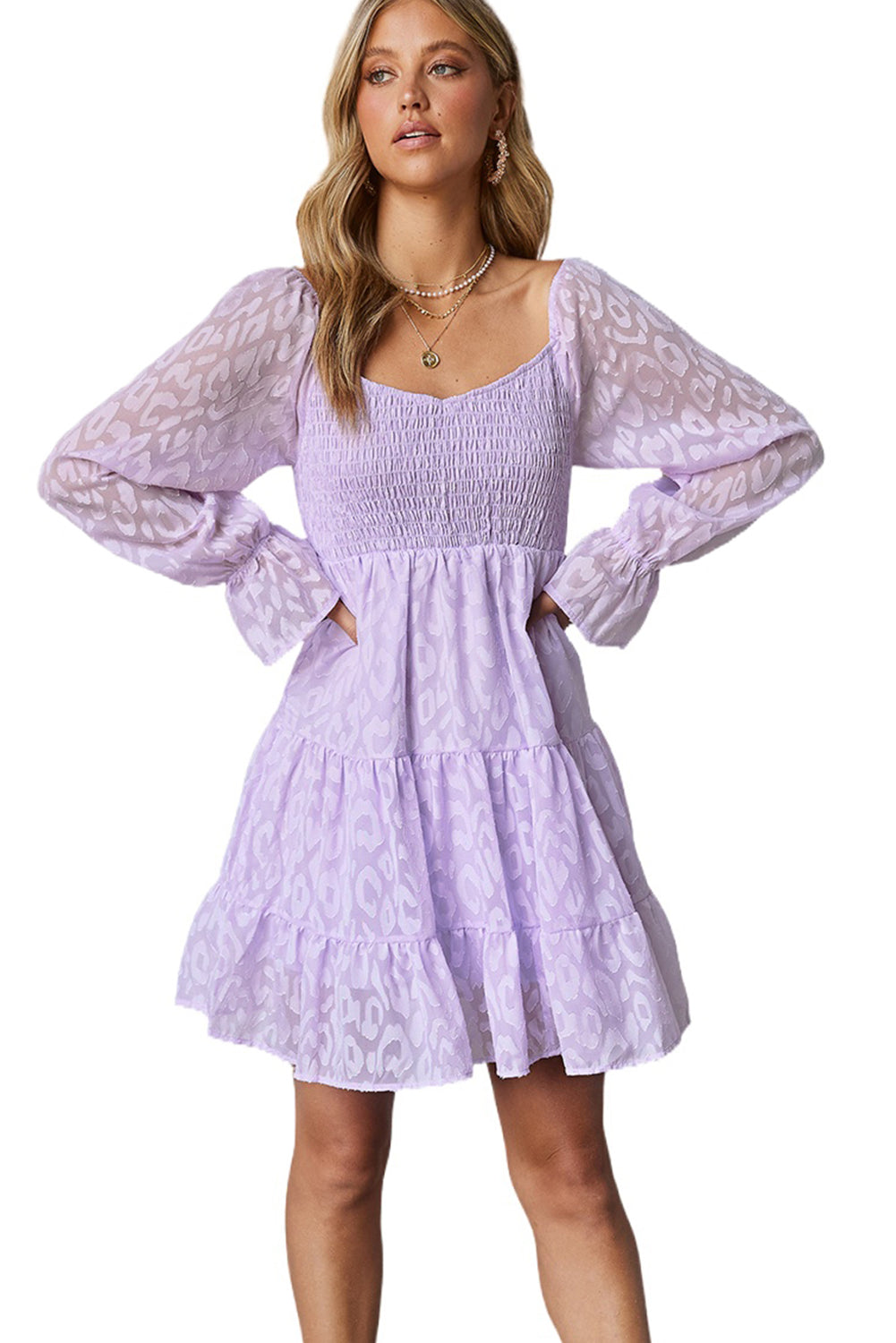LC6111010-8-S, LC6111010-8-M, LC6111010-8-L, LC6111010-8-XL, Purple Womens Leopard High Waist Smocked Long Sleeve Casual Dresses
