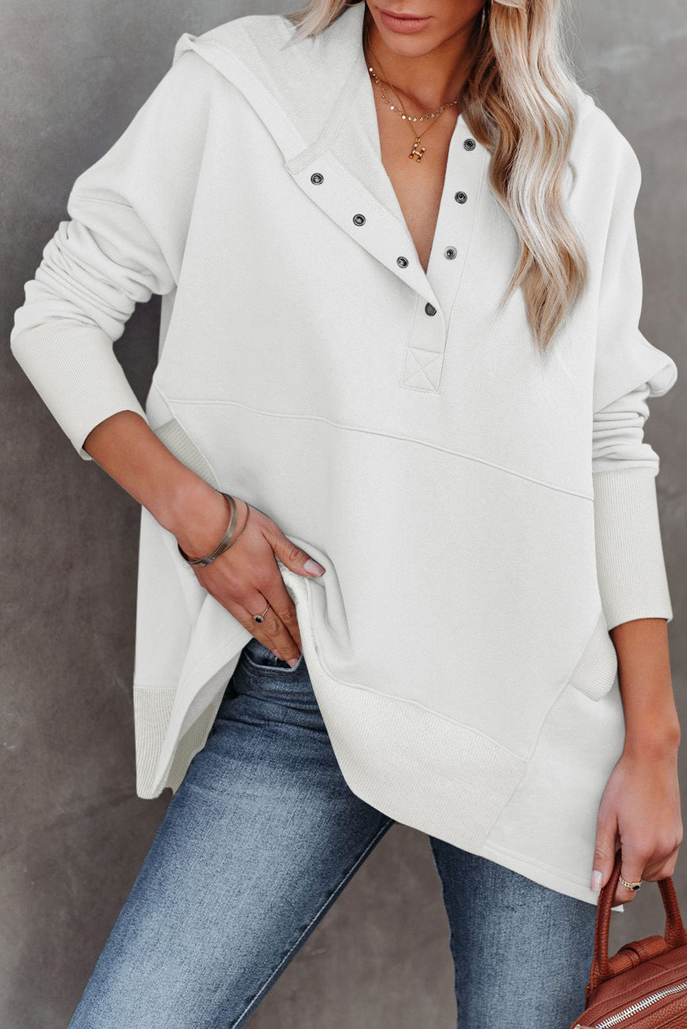LC25311926-1-S, LC25311926-1-M, LC25311926-1-L, LC25311926-1-XL, LC25311926-1-2XL, White Batwing Sleeve Pocketed Henley Hoodie