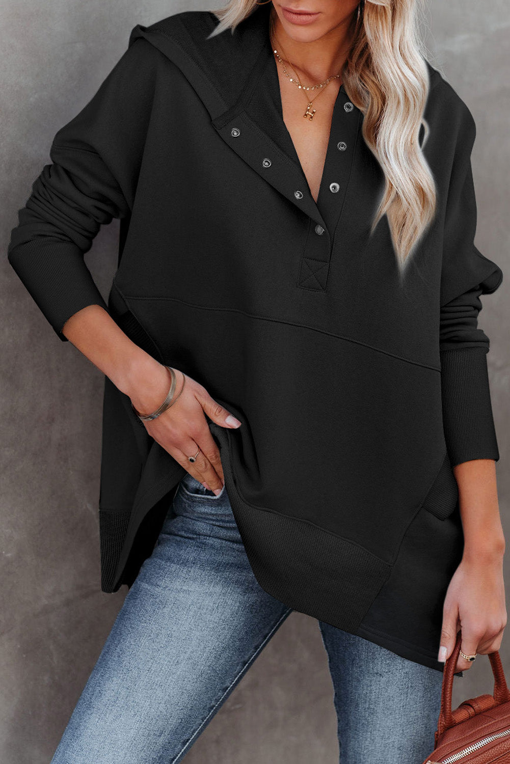LC25311926-2-S, LC25311926-2-M, LC25311926-2-L, LC25311926-2-XL, LC25311926-2-2XL, Black Batwing Sleeve Pocketed Henley Hoodie