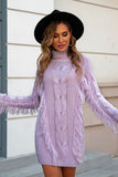LC273304-8-S, LC273304-8-M, LC273304-8-L, LC273304-8-XL, LC273304-8-2XL, Purple Womens Twist Fringe Cable Knit High Neck Oversized Sweater Dress