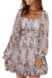 Mini-robe florale à taille empire et manches longues à encolure carrée pour femme