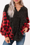 LC25116588-3-S, LC25116588-3-M, LC25116588-3-L, LC25116588-3-XL, LC25116588-3-2XL, Red Women Buffalo Plaid Shirts Split Neck Knit Top