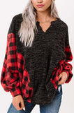 LC25116588-3-S, LC25116588-3-M, LC25116588-3-L, LC25116588-3-XL, LC25116588-3-2XL, Red Women Buffalo Plaid Shirts Split Neck Knit Top