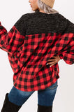 LC25116588-3-S, LC25116588-3-M, LC25116588-3-L, LC25116588-3-XL, LC25116588-3-2XL, Red Women Buffalo Plaid Shirts Split Neck Knit Top