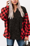 LC25116588-3-S, LC25116588-3-M, LC25116588-3-L, LC25116588-3-XL, LC25116588-3-2XL, Red Women Buffalo Plaid Shirts Split Neck Knit Top