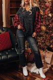 LC25116588-3-S, LC25116588-3-M, LC25116588-3-L, LC25116588-3-XL, LC25116588-3-2XL, Red Women Buffalo Plaid Shirts Split Neck Knit Top