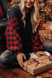 LC25116588-3-S, LC25116588-3-M, LC25116588-3-L, LC25116588-3-XL, LC25116588-3-2XL, Red Women Buffalo Plaid Shirts Split Neck Knit Top