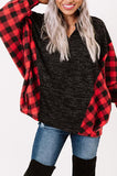 LC25116588-3-S, LC25116588-3-M, LC25116588-3-L, LC25116588-3-XL, LC25116588-3-2XL, Red Women Buffalo Plaid Shirts Split Neck Knit Top