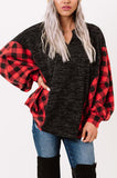 LC25116588-3-S, LC25116588-3-M, LC25116588-3-L, LC25116588-3-XL, LC25116588-3-2XL, Red Women Buffalo Plaid Shirts Split Neck Knit Top