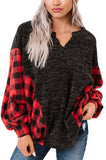 LC25116588-3-S, LC25116588-3-M, LC25116588-3-L, LC25116588-3-XL, LC25116588-3-2XL, Red Women Buffalo Plaid Shirts Split Neck Knit Top