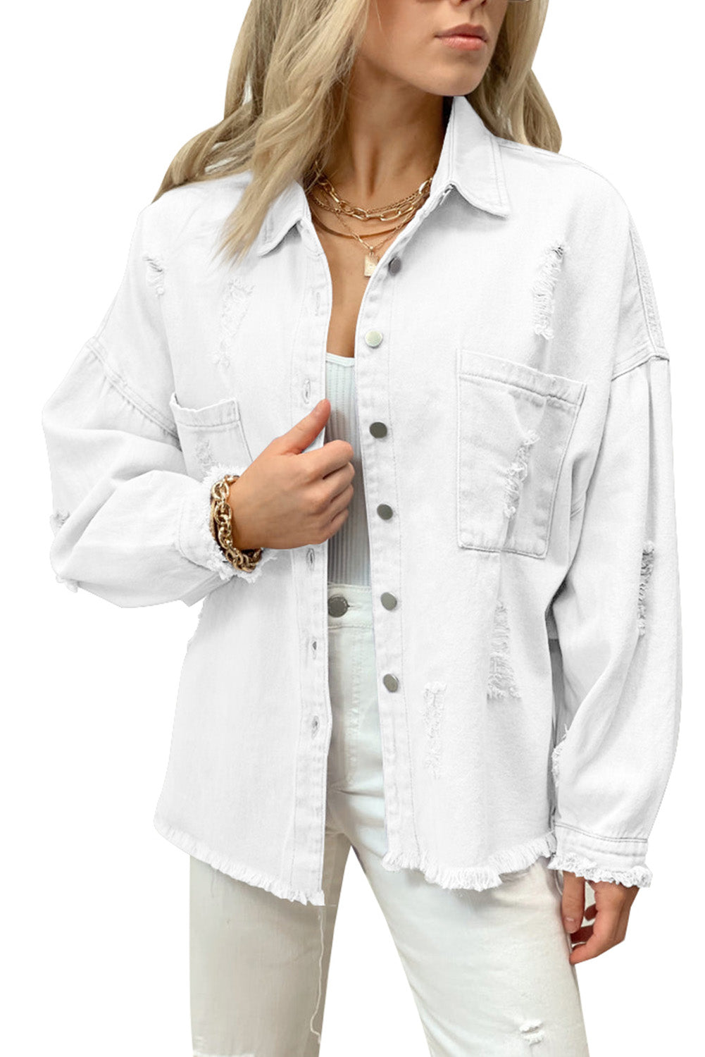 White Womens Overdsizd Distressed Fringe Trim Denim Jacket LC854103-1