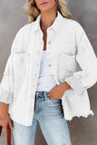 White Womens Overdsizd Distressed Fringe Trim Denim Jacket LC854103-1