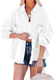 White Womens Overdsizd Distressed Fringe Trim Denim Jacket LC854103-1