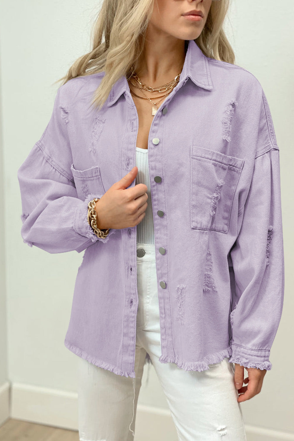 Purple Womens Overdsizd Distressed Fringe Trim Denim Jacket LC854103-8