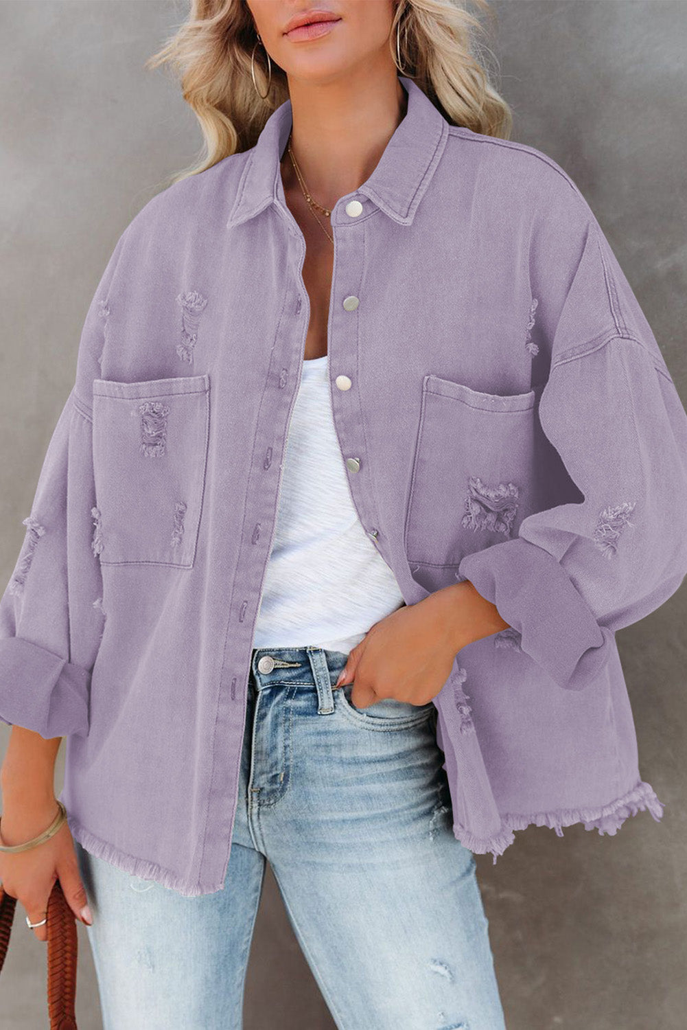 Purple Womens Overdsizd Distressed Fringe Trim Denim Jacket LC854103-8