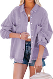 Purple Womens Overdsizd Distressed Fringe Trim Denim Jacket LC854103-8