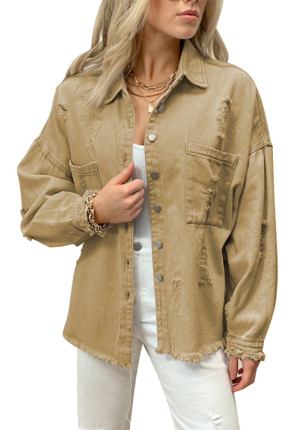 Brown Womens Overdsizd Distressed Fringe Trim Denim Jacket LC854103-17