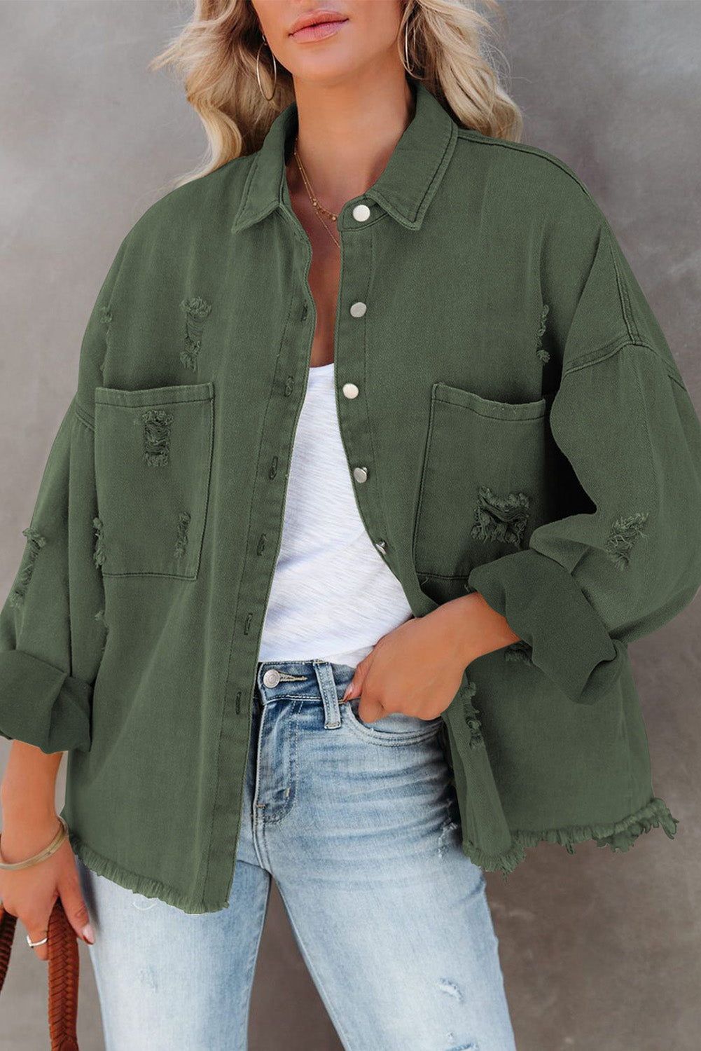 Green Womens Overdsizd Distressed Fringe Trim Denim Jacket LC854103-109