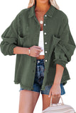 Green Womens Overdsizd Distressed Fringe Trim Denim Jacket LC854103-109