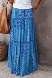 LC65608-5-S, LC65608-5-M, LC65608-5-L, LC65608-5-XL, LC65608-5-2XL, Blue Womens Floral Printed Elastic Waist A Line Maxi Skirt Tiered Paisley Skirt
