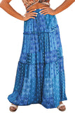 LC65608-5-S, LC65608-5-M, LC65608-5-L, LC65608-5-XL, LC65608-5-2XL, Blue Womens Floral Printed Elastic Waist A Line Maxi Skirt Tiered Paisley Skirt