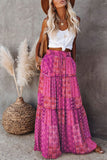 LC65608-8-S, LC65608-8-M, LC65608-8-L, LC65608-8-XL, LC65608-8-2XL, Purple Womens Floral Printed Elastic Waist A Line Maxi Skirt Tiered Paisley Skirt