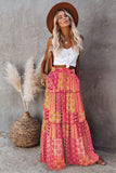 LC65608-14-S, LC65608-14-M, LC65608-14-L, LC65608-14-XL, LC65608-14-2XL, Orange Womens Floral Printed Elastic Waist A Line Maxi Skirt Tiered Paisley Skirt