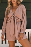 LC643624-10-S, LC643624-10-M, LC643624-10-L, LC643624-10-XL, LC643624-10-2XL, Pink Women's Sexy V Neck Jumpsuits Chiffon Tie Knot Front Puff Long Sleeve Romper