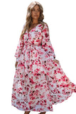 LC6111091-10-S, LC6111091-10-M, LC6111091-10-L, LC6111091-10-XL, Pink Women's Wrap V Neck Floral Long Sleeve Maxi Dress with Slit