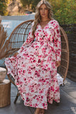 LC6111091-10-S, LC6111091-10-M, LC6111091-10-L, LC6111091-10-XL, Pink Women's Wrap V Neck Floral Long Sleeve Maxi Dress with Slit