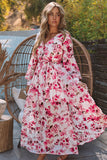 LC6111091-10-S, LC6111091-10-M, LC6111091-10-L, LC6111091-10-XL, Pink Women's Wrap V Neck Floral Long Sleeve Maxi Dress with Slit
