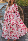 LC6111091-10-S, LC6111091-10-M, LC6111091-10-L, LC6111091-10-XL, Pink Women's Wrap V Neck Floral Long Sleeve Maxi Dress with Slit