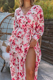 LC6111091-10-S, LC6111091-10-M, LC6111091-10-L, LC6111091-10-XL, Pink Women's Wrap V Neck Floral Long Sleeve Maxi Dress with Slit