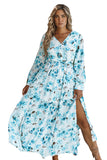 LC6111091-4-S, LC6111091-4-M, LC6111091-4-L, LC6111091-4-XL, Sky Blue Women's Wrap V Neck Floral Long Sleeve Maxi Dress with Slit