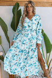 LC6111091-4-S, LC6111091-4-M, LC6111091-4-L, LC6111091-4-XL, Sky Blue Women's Wrap V Neck Floral Long Sleeve Maxi Dress with Slit