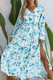 LC6111091-4-S, LC6111091-4-M, LC6111091-4-L, LC6111091-4-XL, Sky Blue Women's Wrap V Neck Floral Long Sleeve Maxi Dress with Slit