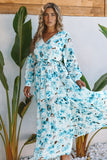 LC6111091-4-S, LC6111091-4-M, LC6111091-4-L, LC6111091-4-XL, Sky Blue Women's Wrap V Neck Floral Long Sleeve Maxi Dress with Slit