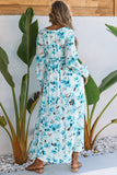 LC6111091-4-S, LC6111091-4-M, LC6111091-4-L, LC6111091-4-XL, Sky Blue Women's Wrap V Neck Floral Long Sleeve Maxi Dress with Slit