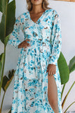 LC6111091-4-S, LC6111091-4-M, LC6111091-4-L, LC6111091-4-XL, Sky Blue Women's Wrap V Neck Floral Long Sleeve Maxi Dress with Slit